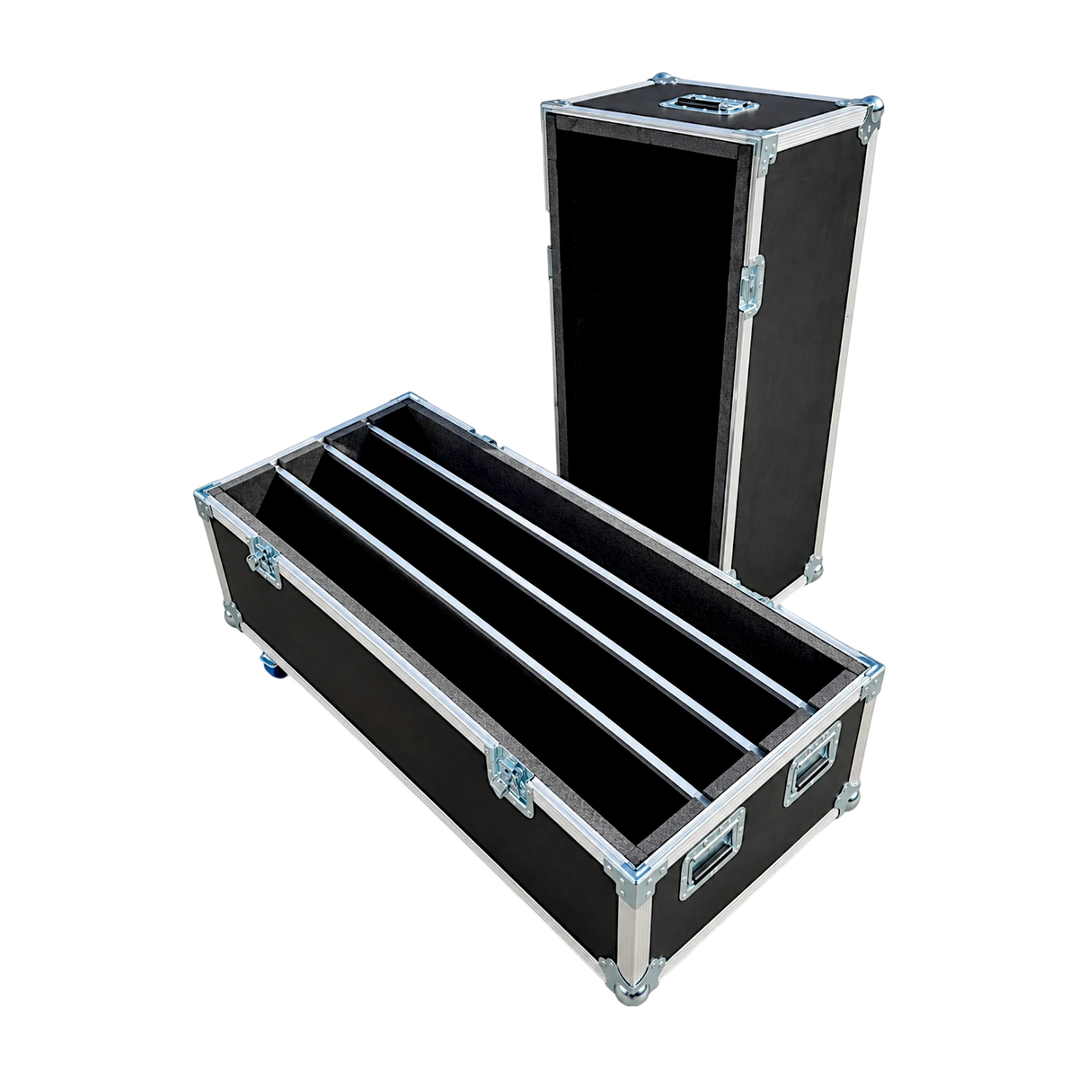 Black multi-screen TV ATA case, split view showing open tray base with foam dividers and upright removable lid