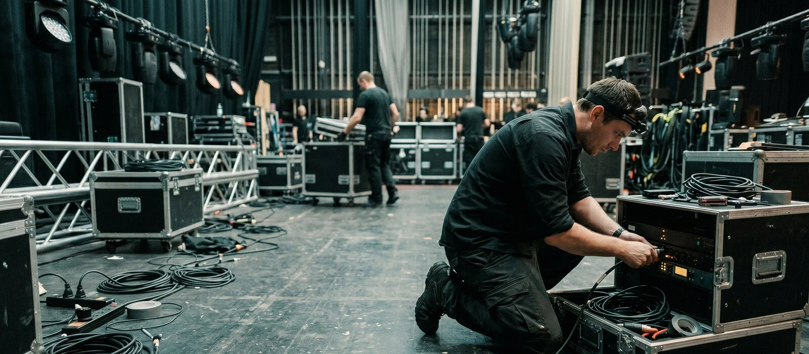 Person working on audio equipment in a stage setup