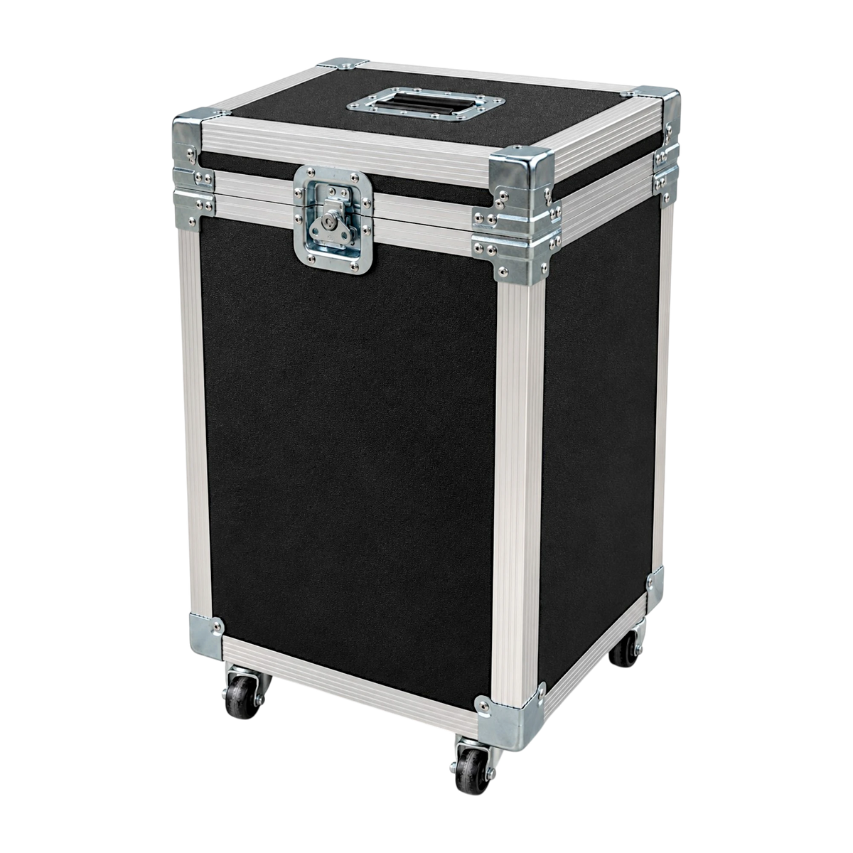 Black 1/4" ATA utility case, closed angled view showing top recessed handle, twist latch, flat corners, and 2" swivel casters