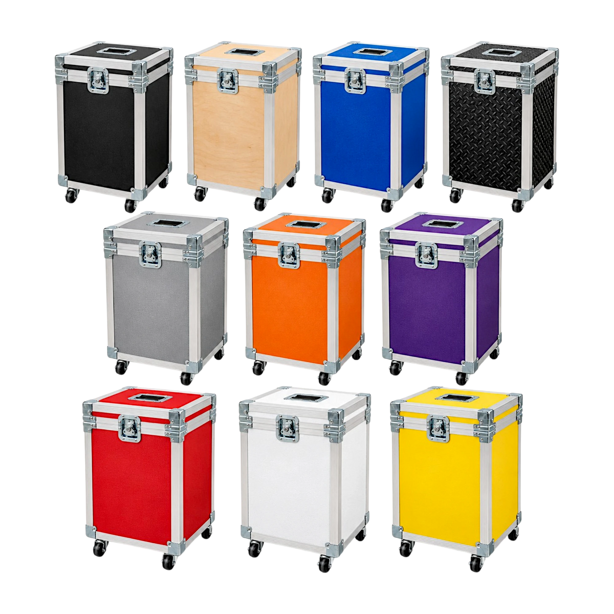 Medium Duty 1/4" ATA Utility Case Multi-Use with Casters shown in 10 color variants with recessed hardware and swivel casters