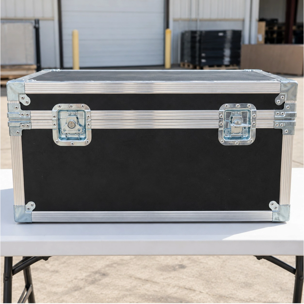 Black medium-duty ATA utility trunk case, closed front view showing dual key-lockable recessed twist latches and metal trim