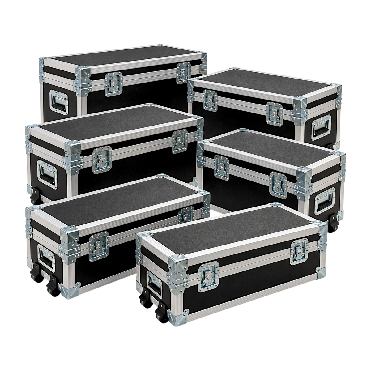 Black Medium Duty ATA Utility & Supply Trunk Cases w/ Dolly Wheels, stacked display of multiple trunk sizes with flat corners
