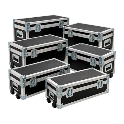 Black Medium Duty ATA Utility & Supply Trunk Cases w/ Dolly Wheels, stacked display of multiple trunk sizes with flat corners
