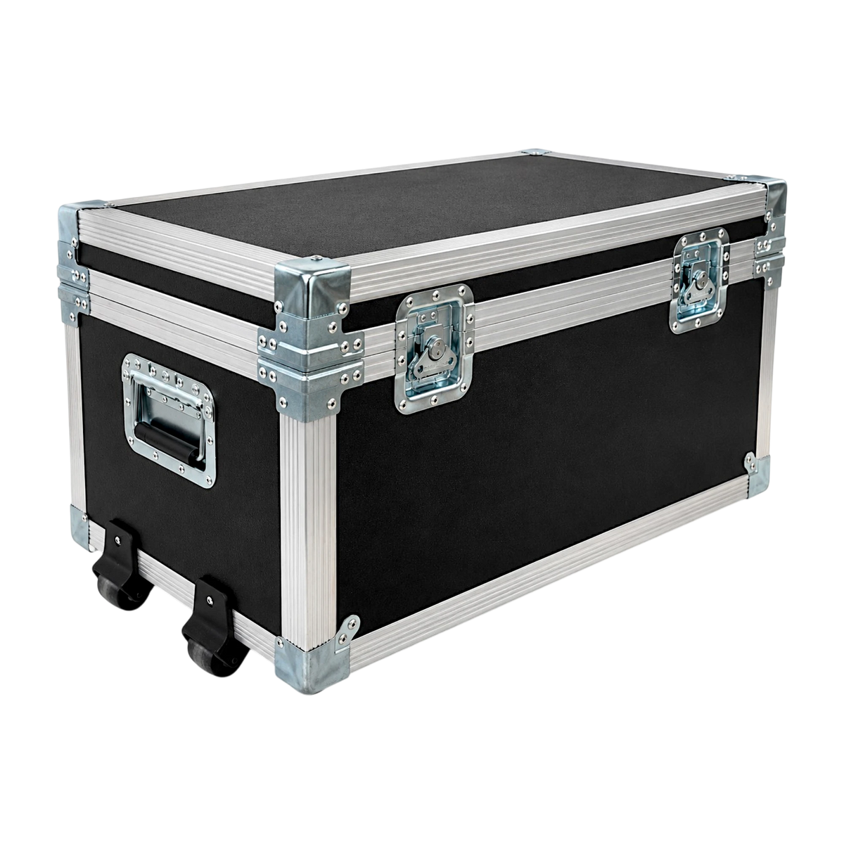 Black medium-duty ATA utility trunk case, closed angled view showing recessed latches, side handles, and built-in dolly wheels