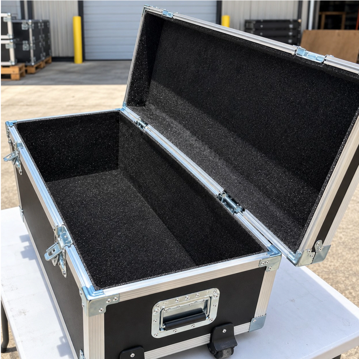 Black medium-duty ATA utility trunk case, open top view showing dense protective foam interior lining and lid stay hinges