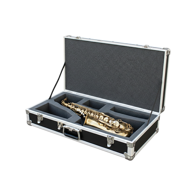Professional tenor saxophone stored in a custom-fit ATA flight case with protective foam