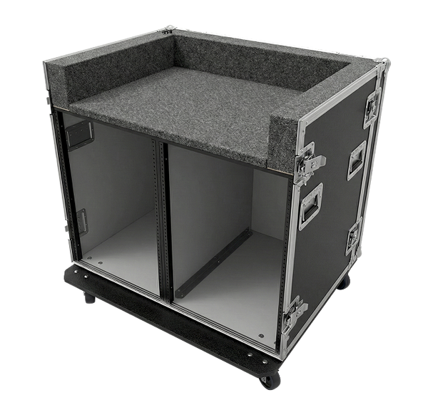 Black flight case with gray interior on a white background